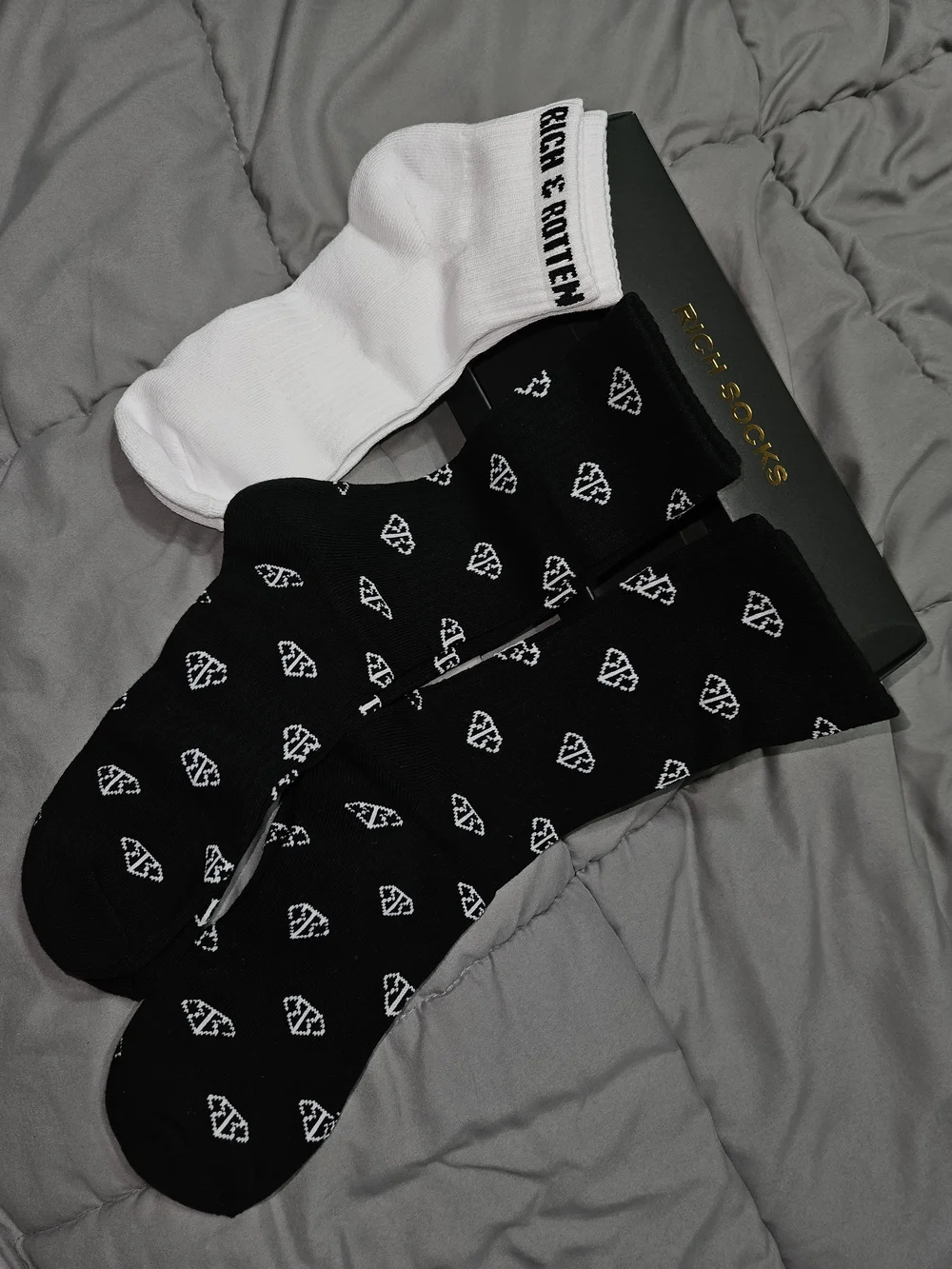 Rich & Rotten Black Patterned Crew Socks with White Ankle Sock-NWOT